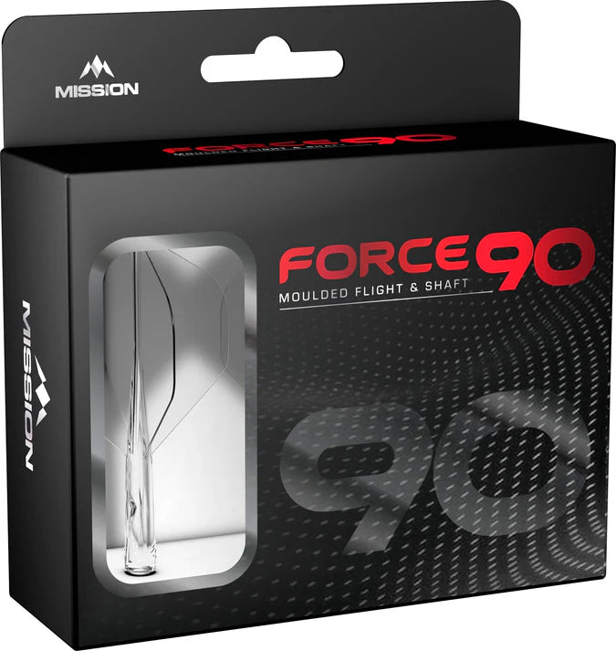 Angled retail box of Force 90 dart flight and shaft set with viewing window displaying moulded flights for dart equipment buyers