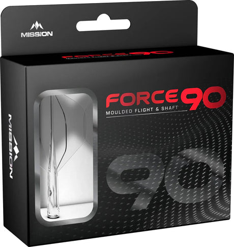 Angled retail box of Force 90 dart flight and shaft set with viewing window displaying moulded flights for dart equipment buyers