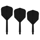 Three black No.6 dart flights with shafts arranged vertically on white background for dart setup comparison