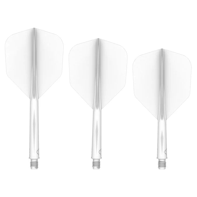 Three clear No.6 dart flights with shafts arranged side by side on white background, showing full shape and assembly for dart setup
