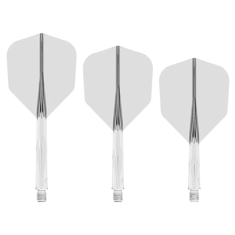 Three No.6 dart flights with transparent shafts arranged side by side on white background, showcasing dart flight shape and fit