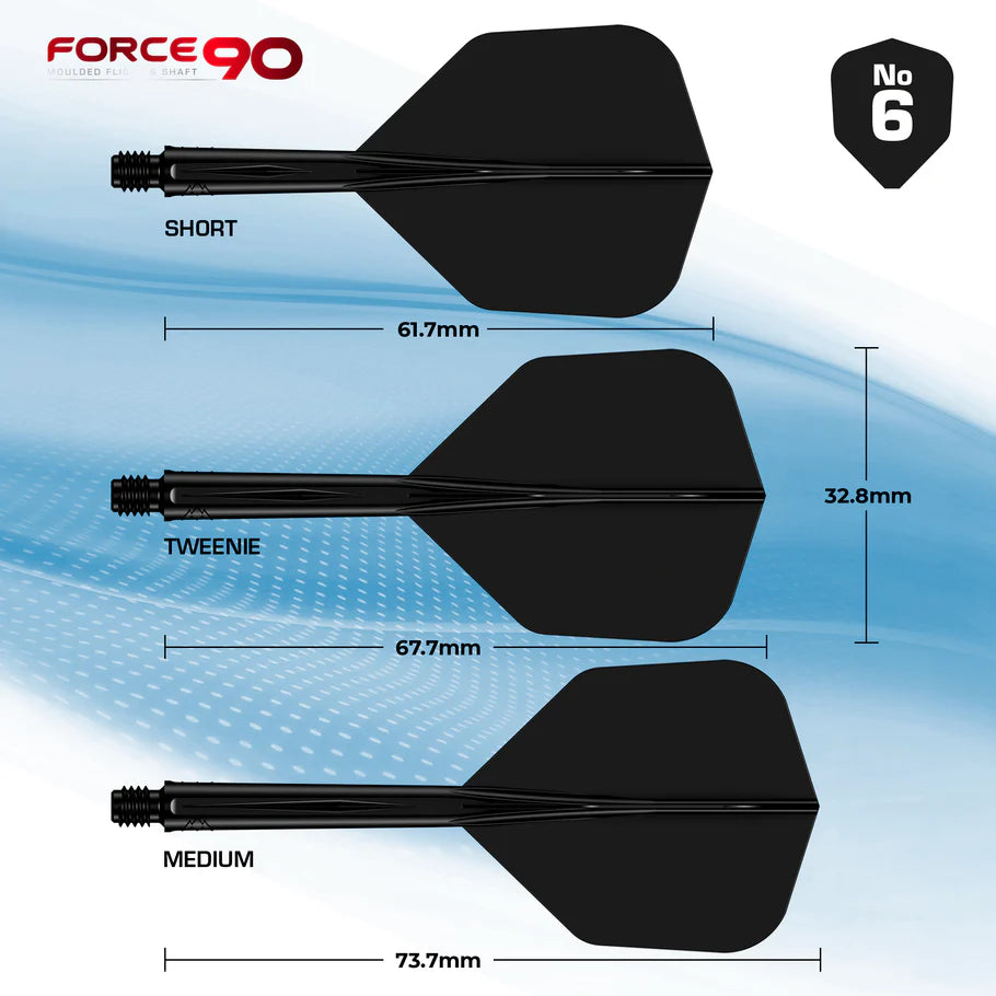 Top-down view comparing three No.6 dart flights and shafts in short, tweenie, and medium lengths with dimensions labeled for dart buyers