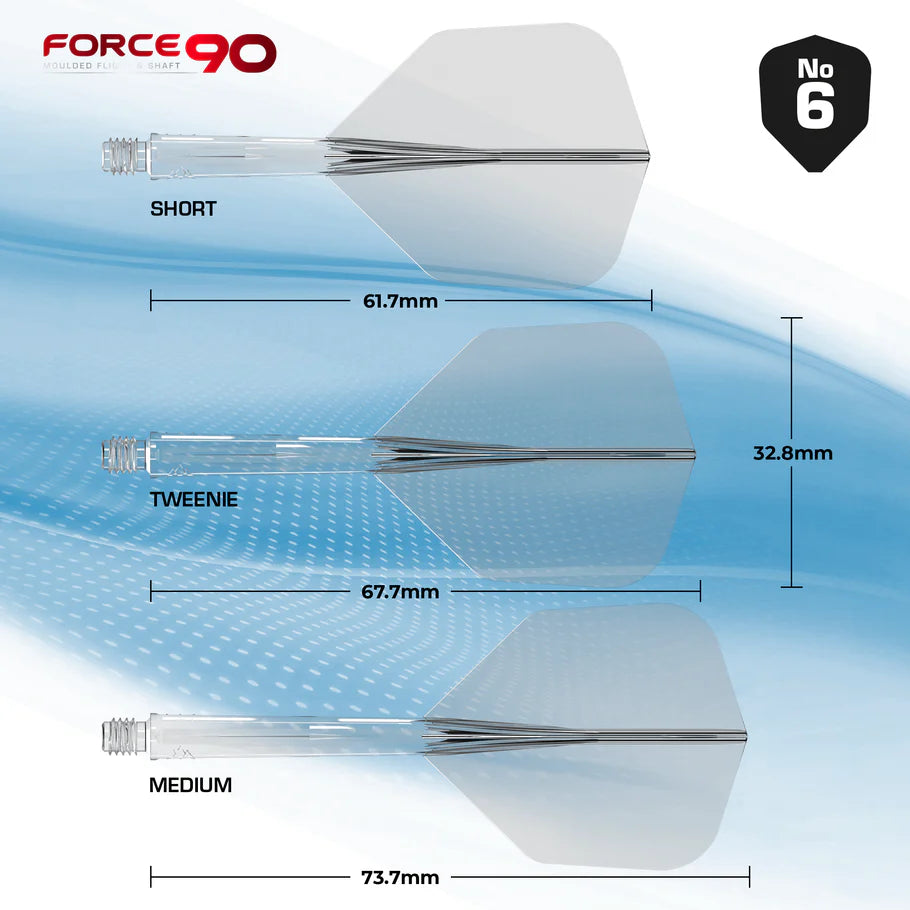 Side view of three No.6 dart flights and shafts in short, tweenie, and medium sizes with measurements, clear molded design for dart setup