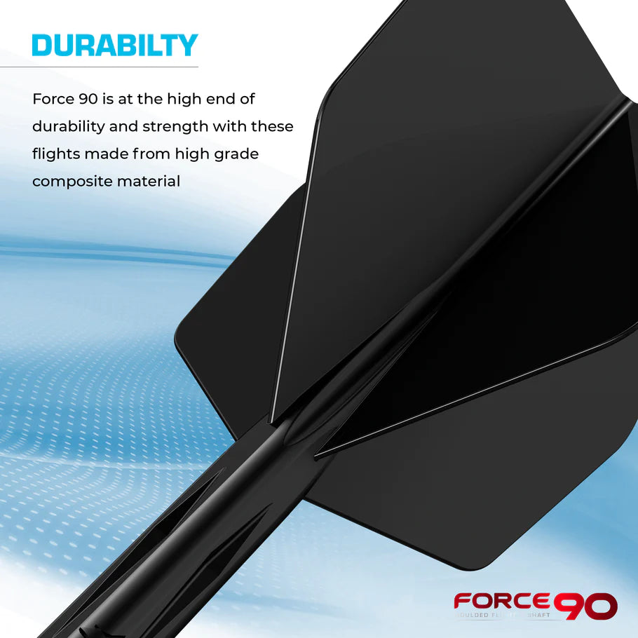 Close-up of Force 90 dart flight and shaft, highlighting No.6 shape, composite material, and durability features for darts