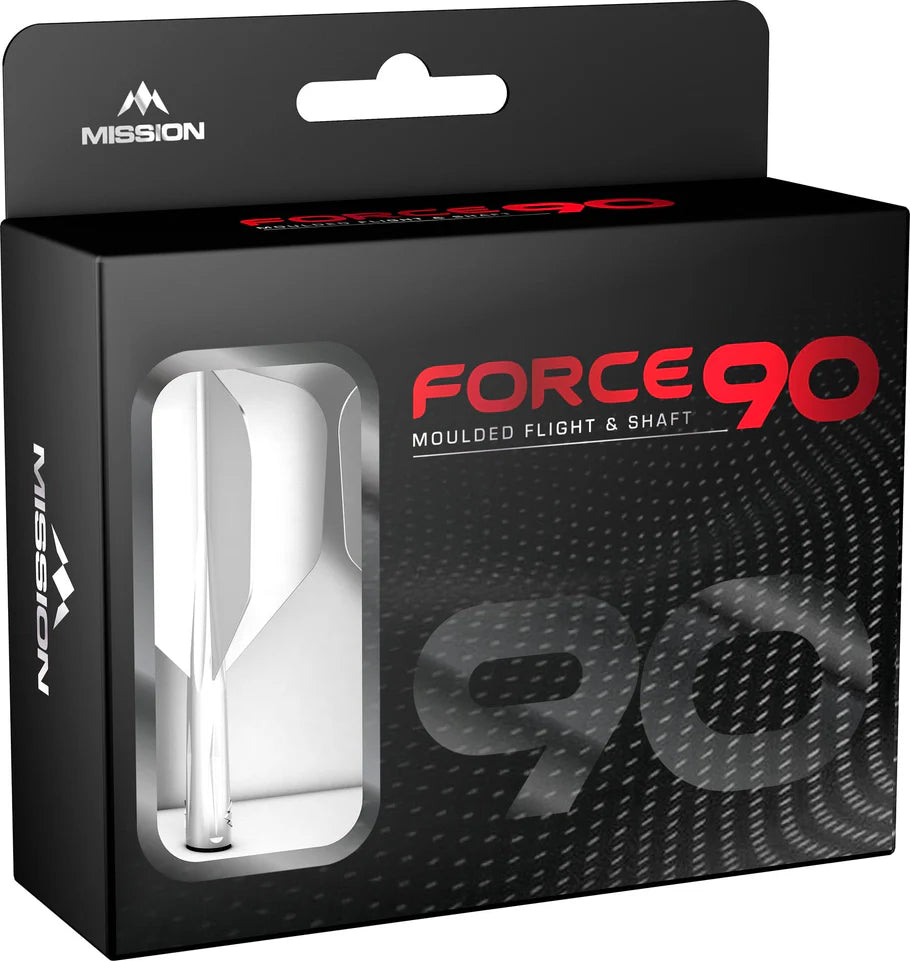 Angled box view of Force 90 moulded dart flights and shafts in packaging, No.6 shape, white set visible through clear display