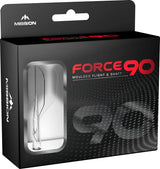 Angled box view of Force 90 moulded dart flights and shafts in retail packaging with clear display window showing No.6 flight shape.