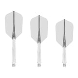 Three slim clear dart flights with shafts arranged upright on white background for dart setup comparison