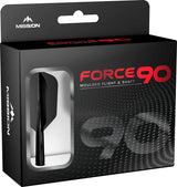 Angled view of Force 90 moulded slim dart flight and shaft in packaging with display window, showcasing black flight system.