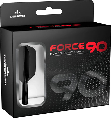 Angled view of Force 90 moulded slim dart flight and shaft in packaging with display window, showcasing black flight system.
