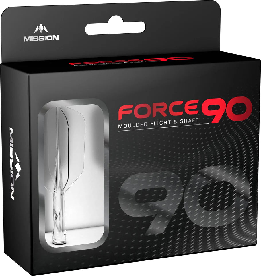 Angled view of Force 90 moulded dart flight and shaft slim system in retail packaging with transparent display window