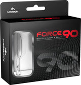 Angled view of Force 90 moulded dart flight and shaft slim system in retail packaging with transparent display window