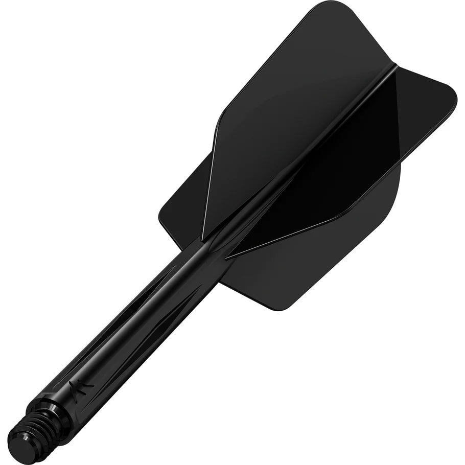 Angled close-up of black slim dart flight and shaft on white background, showing integrated thread and aerodynamic flight shape