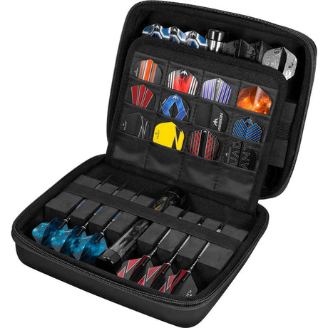 Open black darts case with multiple darts, colorful flights, and compartments, angled view showcasing storage and dart organization