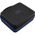 Angled view of large black darts case with blue zipper, hard EVA shell and molded logo, ideal for dart storage and protection