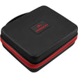 Black EVA extra-large darts case with red zipper, angled view, displaying durable exterior for dart storage