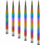 Six rainbow dart points arranged upright on white background, highlighting vibrant finish and precision tips for darts accessories