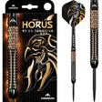 97.5% tungsten dart in packaging and full view, knurled barrel grip, Egyptian Horus flight design, black and gold steel tip