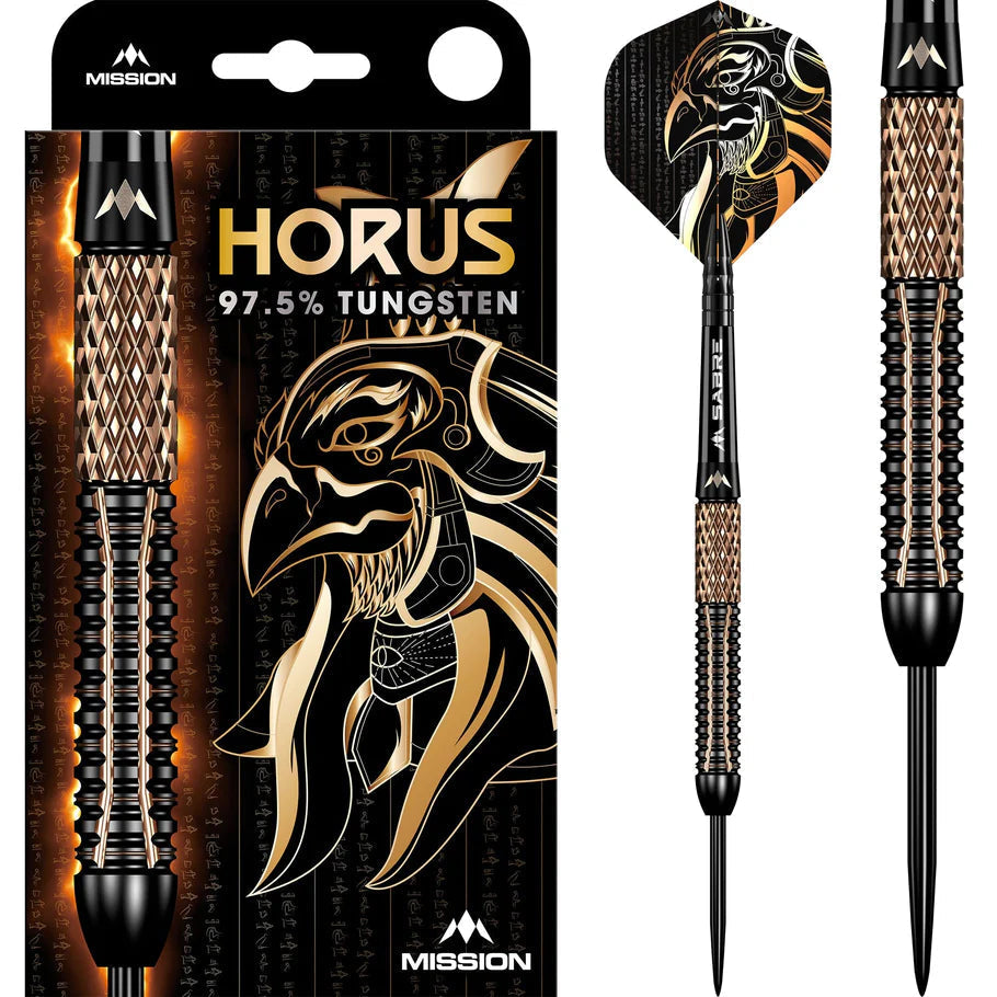 97.5% tungsten dart in packaging and full view, knurled barrel grip, Egyptian Horus flight design, black and gold steel tip