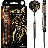 97.5% tungsten dart in packaging and full view, knurled barrel grip, Egyptian Horus flight design, black and gold steel tip