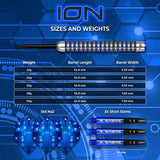 Dart barrel full view with size chart, blue circuit dart flights, three blue short stems, and technical specs for tungsten darts
