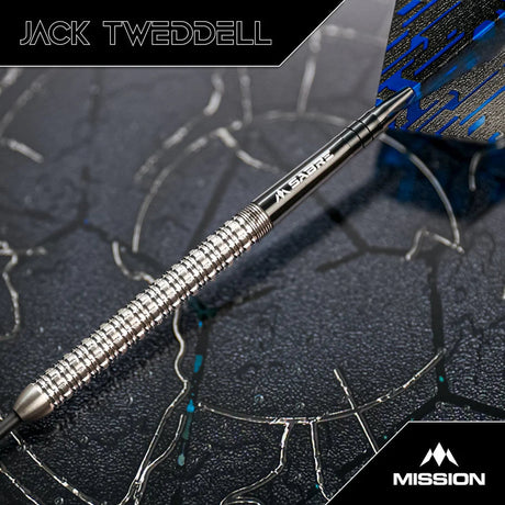 Close-up angled view of Jack Tweddell 95% tungsten dart showing precision knurled barrel grip and blue dart flight details