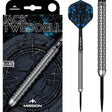 95% tungsten darts in retail packaging with two darts displayed, highlighting ringed grip barrel and blue black flights