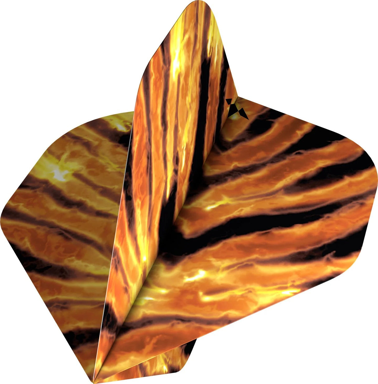 Angled close-up of Mission Javan No.2 dart flight with orange tiger stripe design, folded for display, isolated on white background