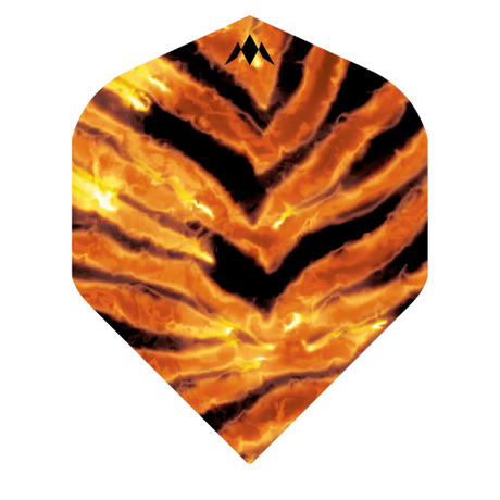 Standard shape dart flight with vivid orange and black flame tiger stripe pattern, isolated on white background