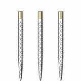 Three silver dart points with mosaic grip pattern shown in full view on white background for dart accessories