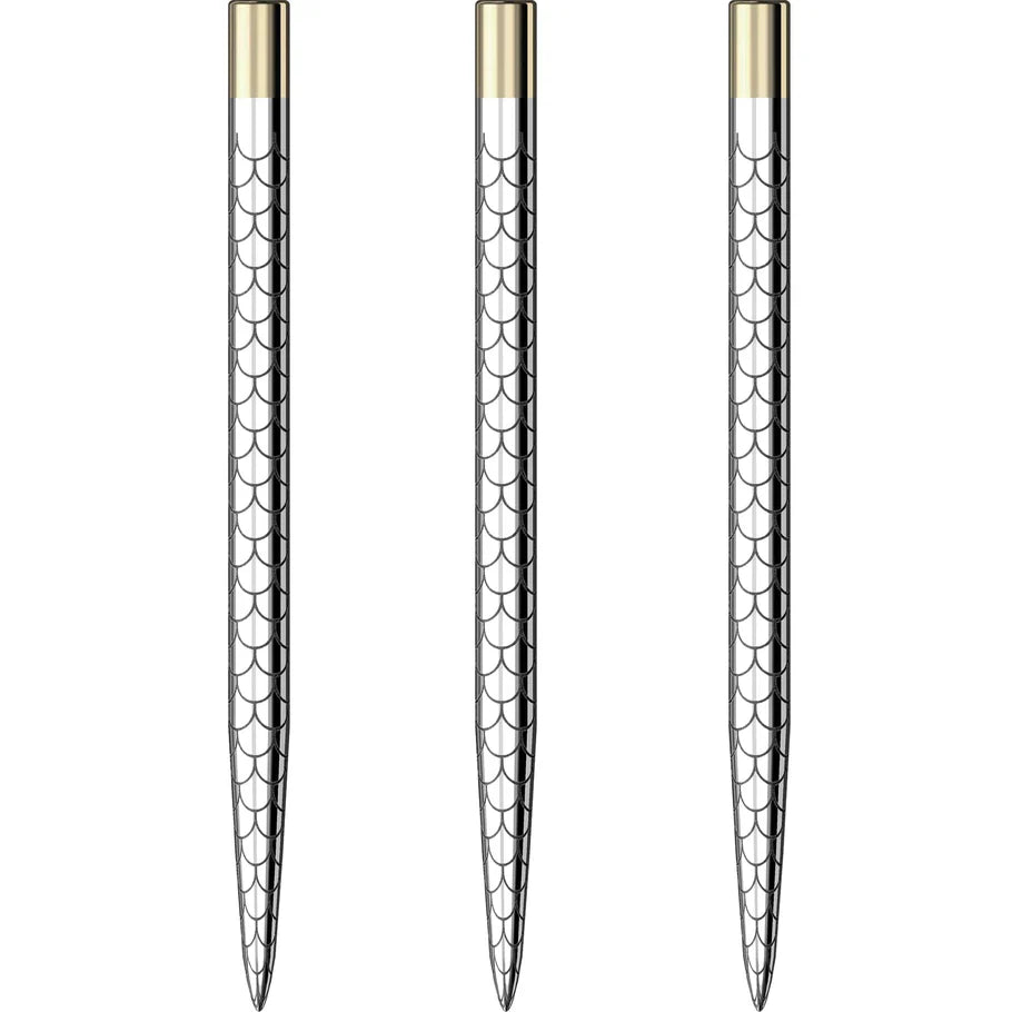 Three silver dart points with laser-etched mosaic grip pattern shown in full view on white background