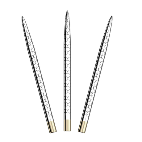 Three silver dart points with unique mosaic grip pattern and gold-colored bases, full product view on white background