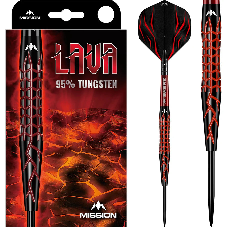 95% tungsten dart with black and red lava barrel, full product view beside packaging, sharp tip and textured grip highlighted