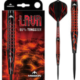 95% tungsten dart with black and red lava barrel, full product view beside packaging, sharp tip and textured grip highlighted