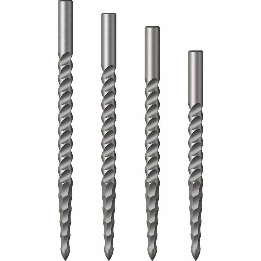 Four steel-tip dart points upright with milled spiral grip, isolated on white background for replacement dart accessories
