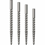 Four steel-tip dart points upright with milled spiral grip, isolated on white background for replacement dart accessories