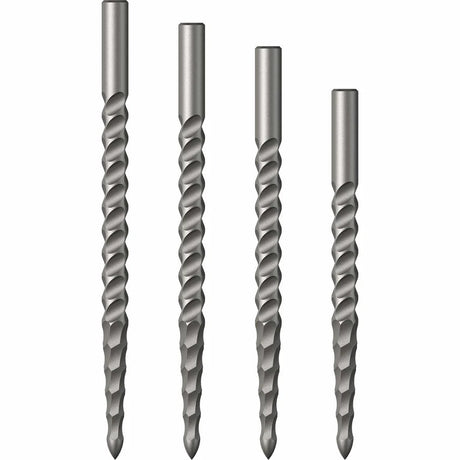 Four steel-tip dart points upright with milled spiral grip, isolated on white background for replacement dart accessories