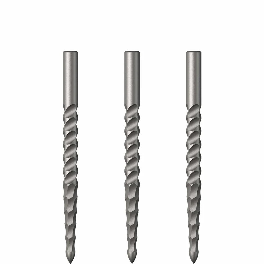 Three steel-tip dart points with milled spiral grooves, arranged upright on white background for grip detail display