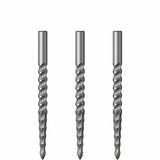 Three steel-tip dart points with milled spiral grooves, arranged upright on white background for grip detail display