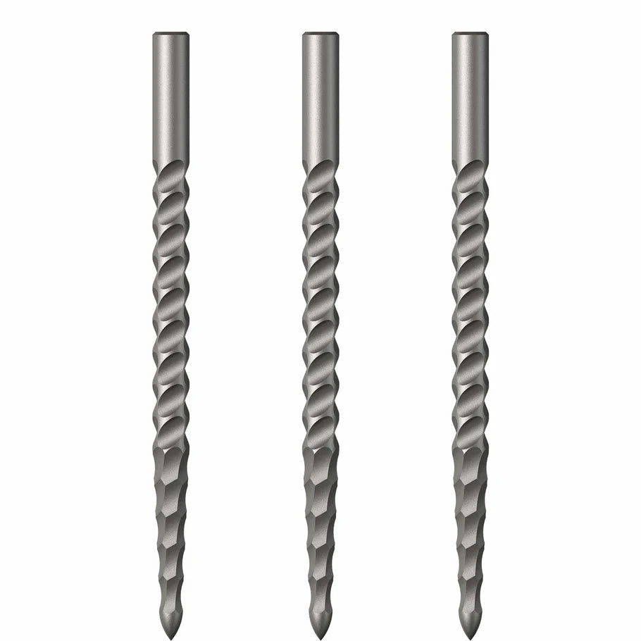 Three steel dart points with spiral milled grip texture displayed on white background for dartboard performance