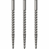 Three steel-tip dart points with milled spiral grip texture, full view isolated on white background, dart accessories