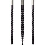 Three black rough cut dart points with spiral grip texture, full view on white background, dart accessories for improved control