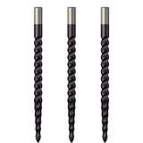 Three black rough cut dart points vertically aligned on white background showing spiral grip texture for darts