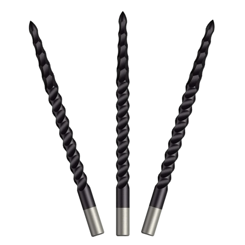 Three black rough cut dart points displayed on white background showing spiral grip texture and tapered steel tips