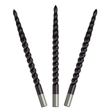 Three black rough cut dart points displayed on white background showing spiral grip texture and tapered steel tips