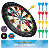 Angled view of magnetic kids dartboard set with colorful darts, target tokens, and scale reference for indoor dart games