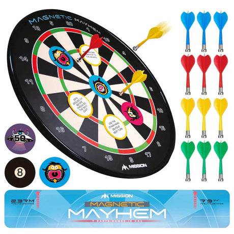 Angled view of magnetic kids dartboard set with colorful darts, target tokens, and scale reference for indoor dart games