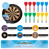 Magnetic dartboard set with twelve red, blue, green, and yellow darts, packaging, game icons, and measurement guide on white background
