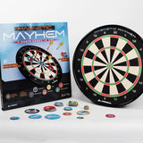 Magnetic dartboard game set with box, circular dartboard, and assorted magnetic game tokens arranged on white background