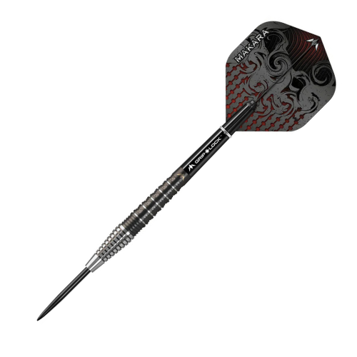 Single 90% tungsten dart full view on white background with knurled grip and black patterned flight