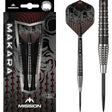 Steel tip tungsten darts set in retail packaging with close-up of barrel grip rings and decorative dart flight design